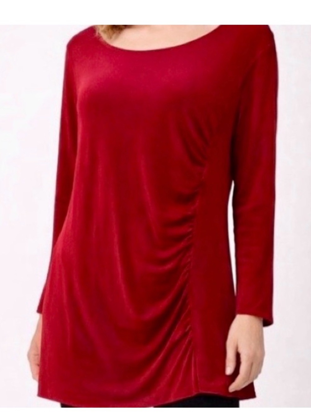 Chico’s Travelers Red Tunic Size 2 Ruched Side Long Sleeve Stretch Top